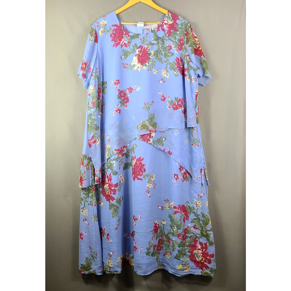 Roamans Tiered Blue Floral Maxi Dress Breezy Chiffon Boho Cottagecore Size 26W